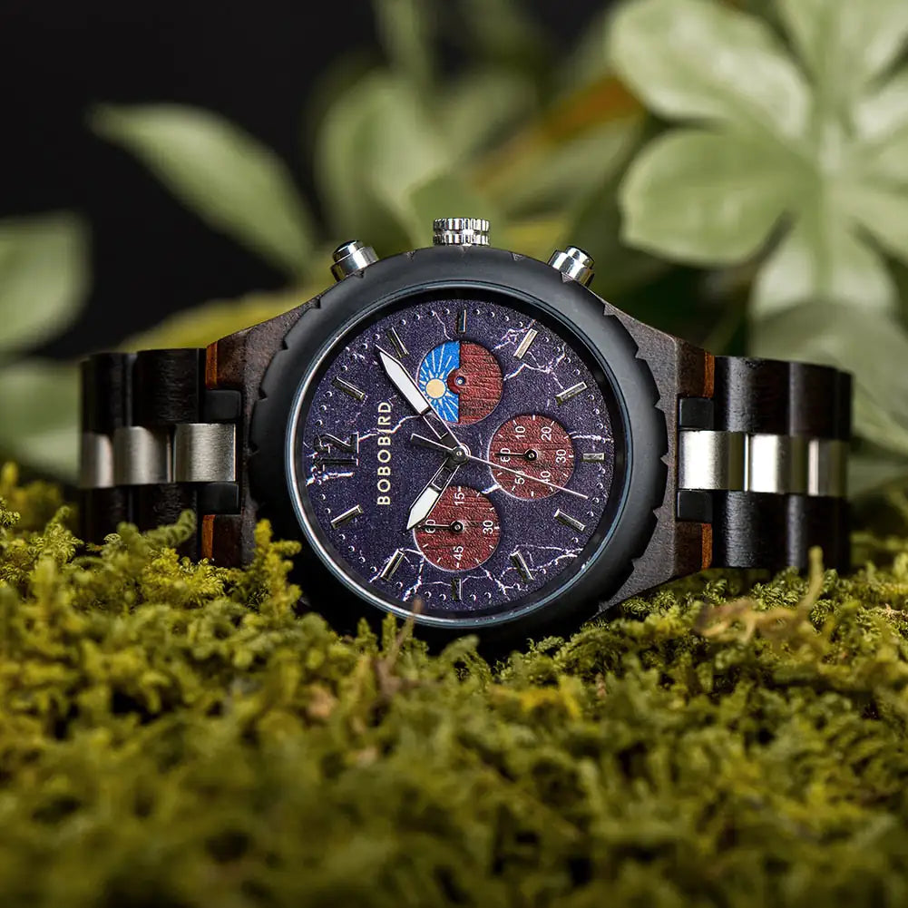 Luxury wooden chronograph watch for men by Lamp Post, featuring a stylish wooden dial and stainless steel case.