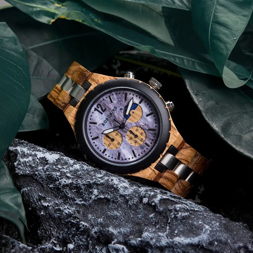 Luxury wooden chronograph watch for men by Lamp Post featuring a sleek wooden case and detailed chronograph dial.