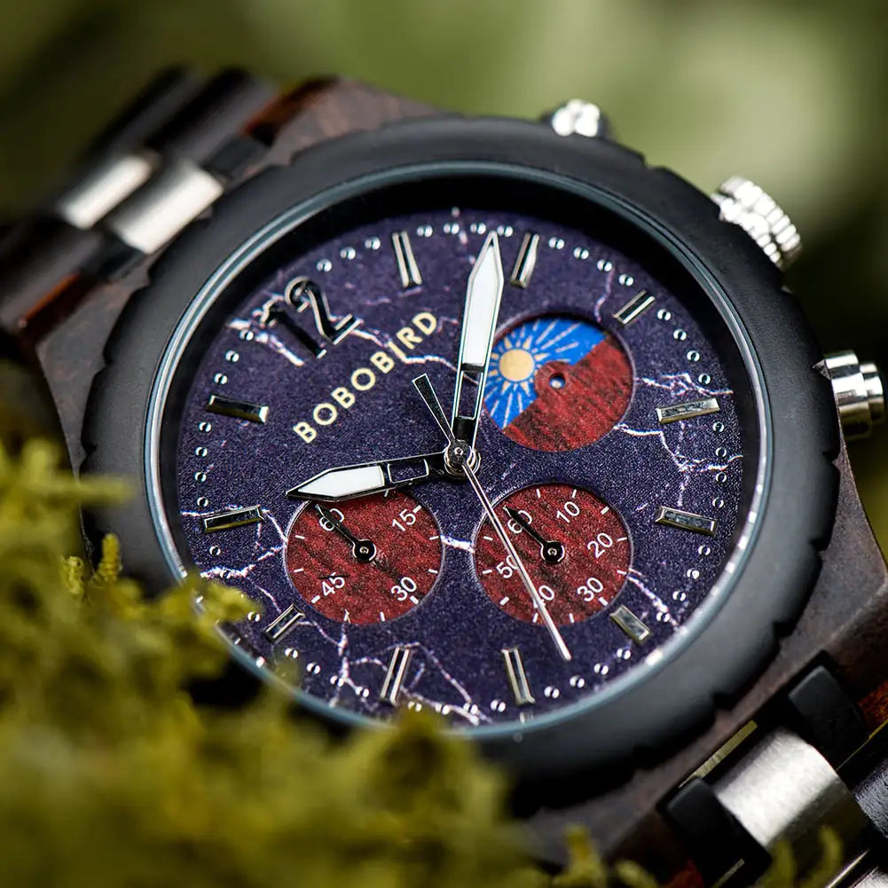 Luxury wooden chronograph watch for men by Lamp Post, featuring a stylish wooden case with a detailed chronograph dial.