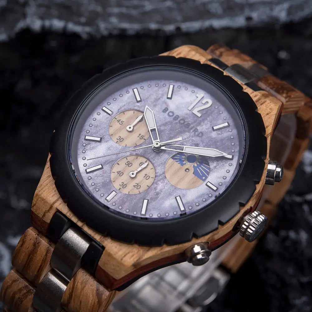 Luxury wooden chronograph watch for men by Lamp Post, featuring a stylish wooden dial and silver accents.