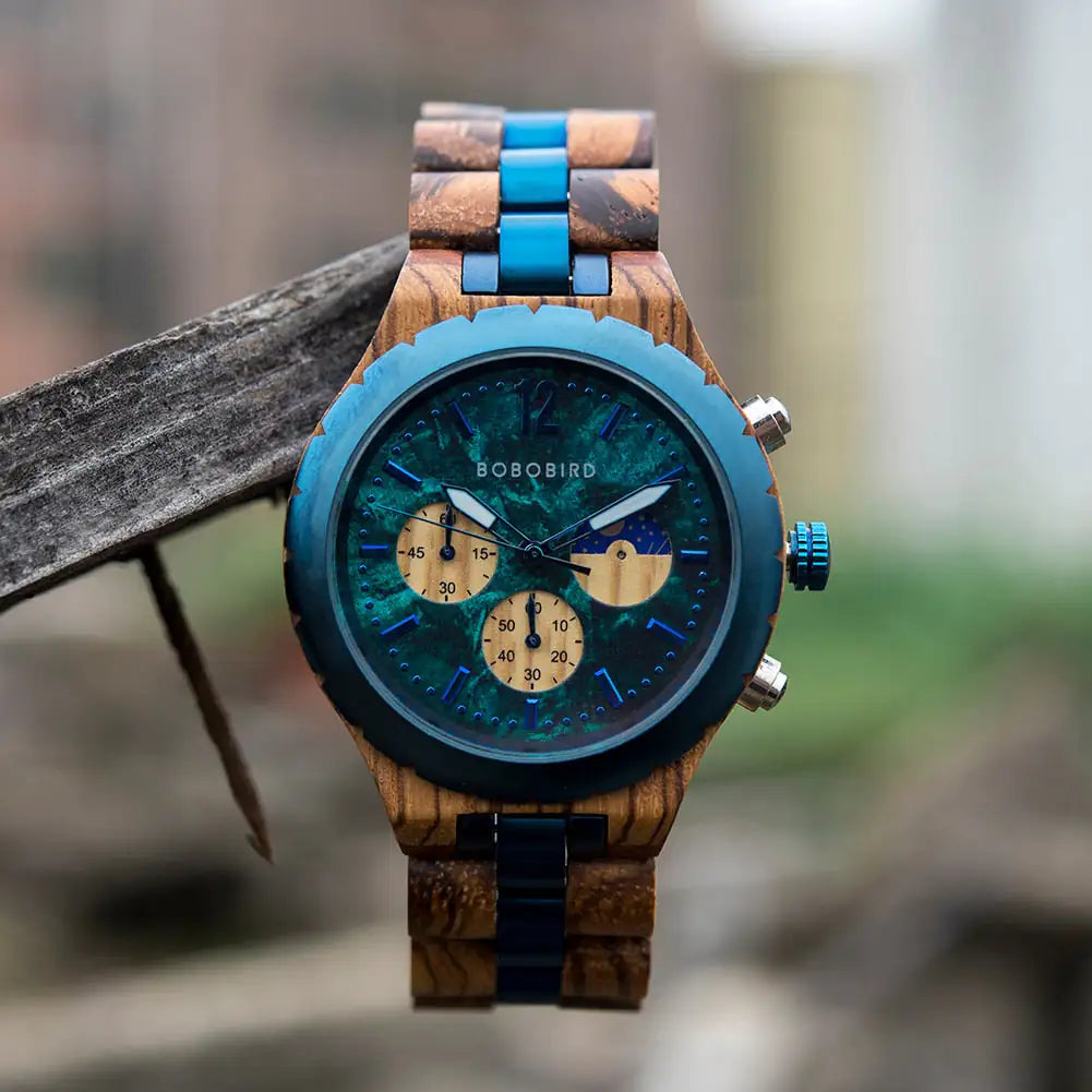 Luxury wooden chronograph men's watch by Lamp Post featuring a dark wooden dial and stainless steel case.