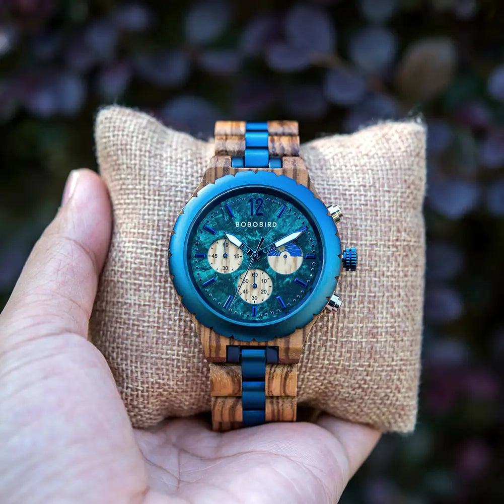 Luxury wooden chronograph watch for men by Lamp Post featuring a sleek wooden case and detailed chronograph dial.