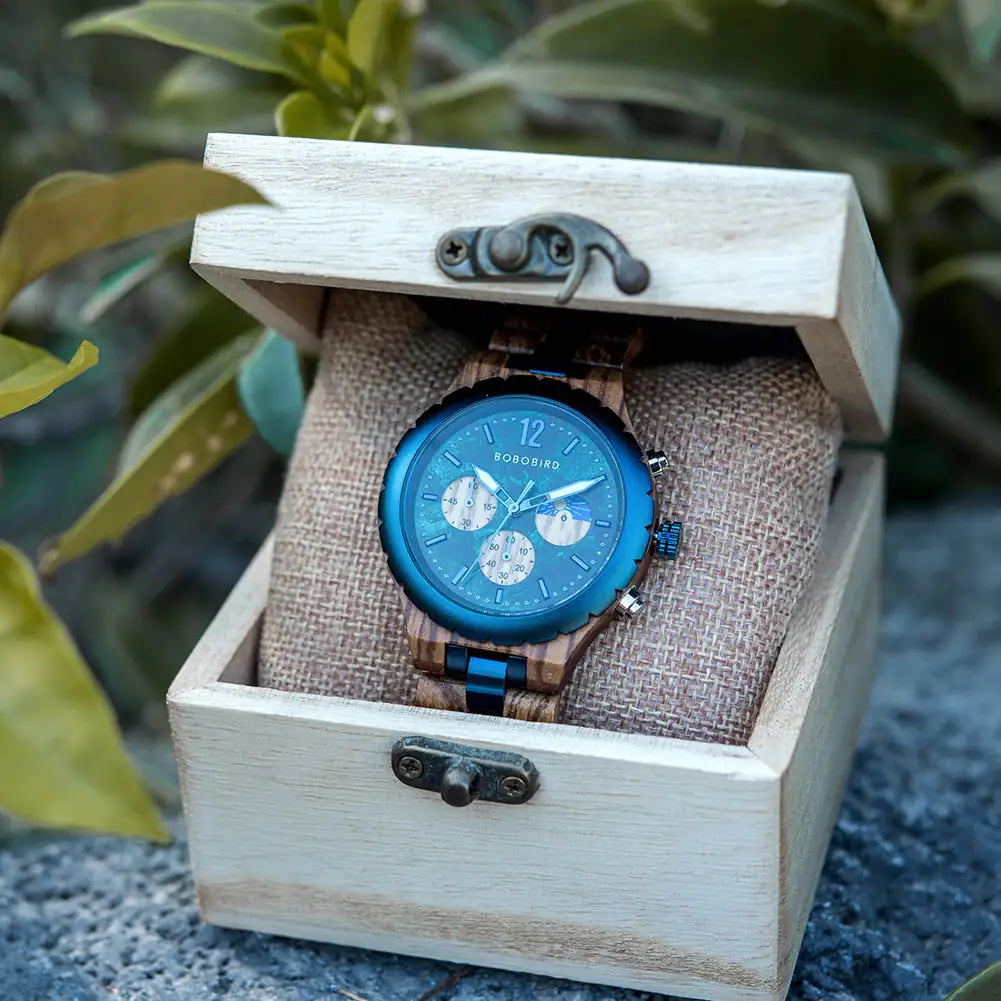 Luxury wooden chronograph watch for men by Lamp Post, featuring a stylish wooden dial and classic watch design.