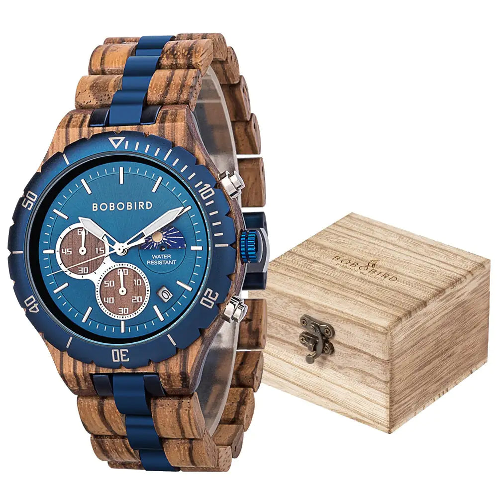 Luxury wooden chronograph watch for men by Lamp Post, featuring a stylish wooden dial and classic design.