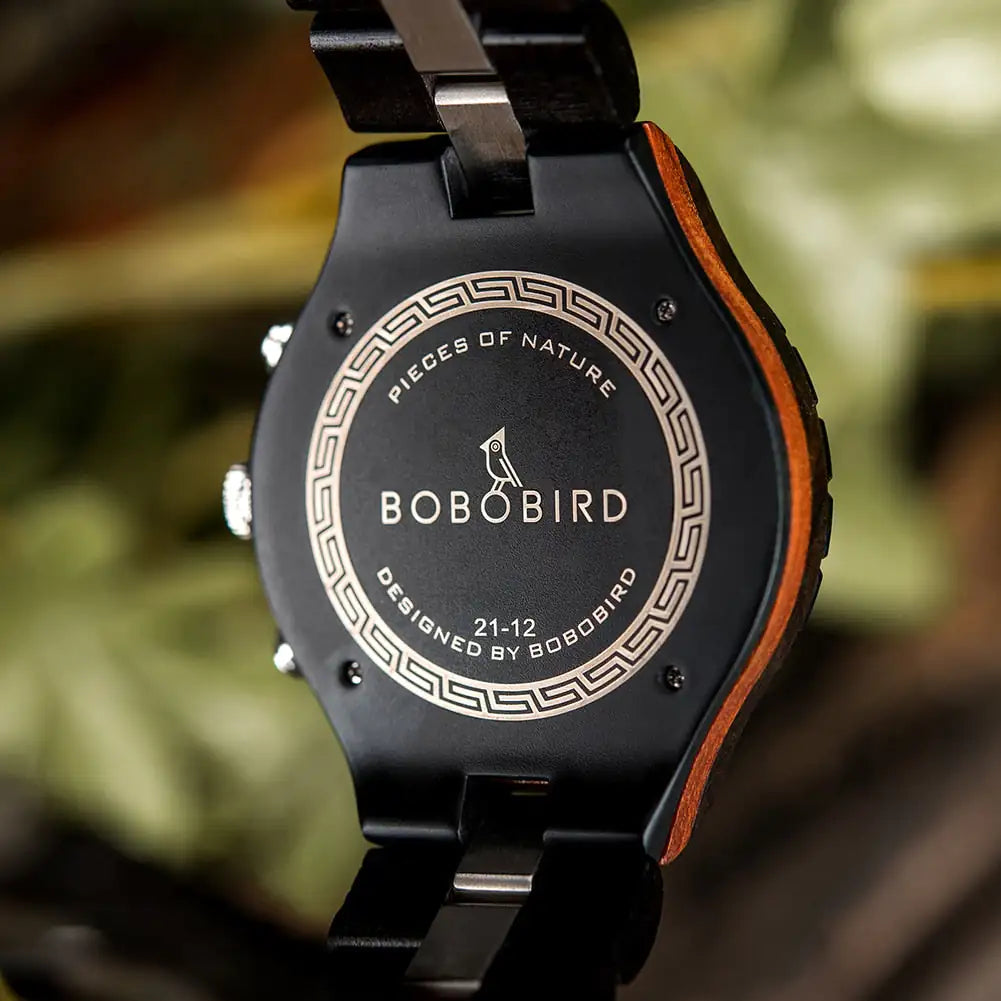 Luxury wooden chronograph watch for men by Lamp Post, featuring a stylish wooden case and detailed dial.