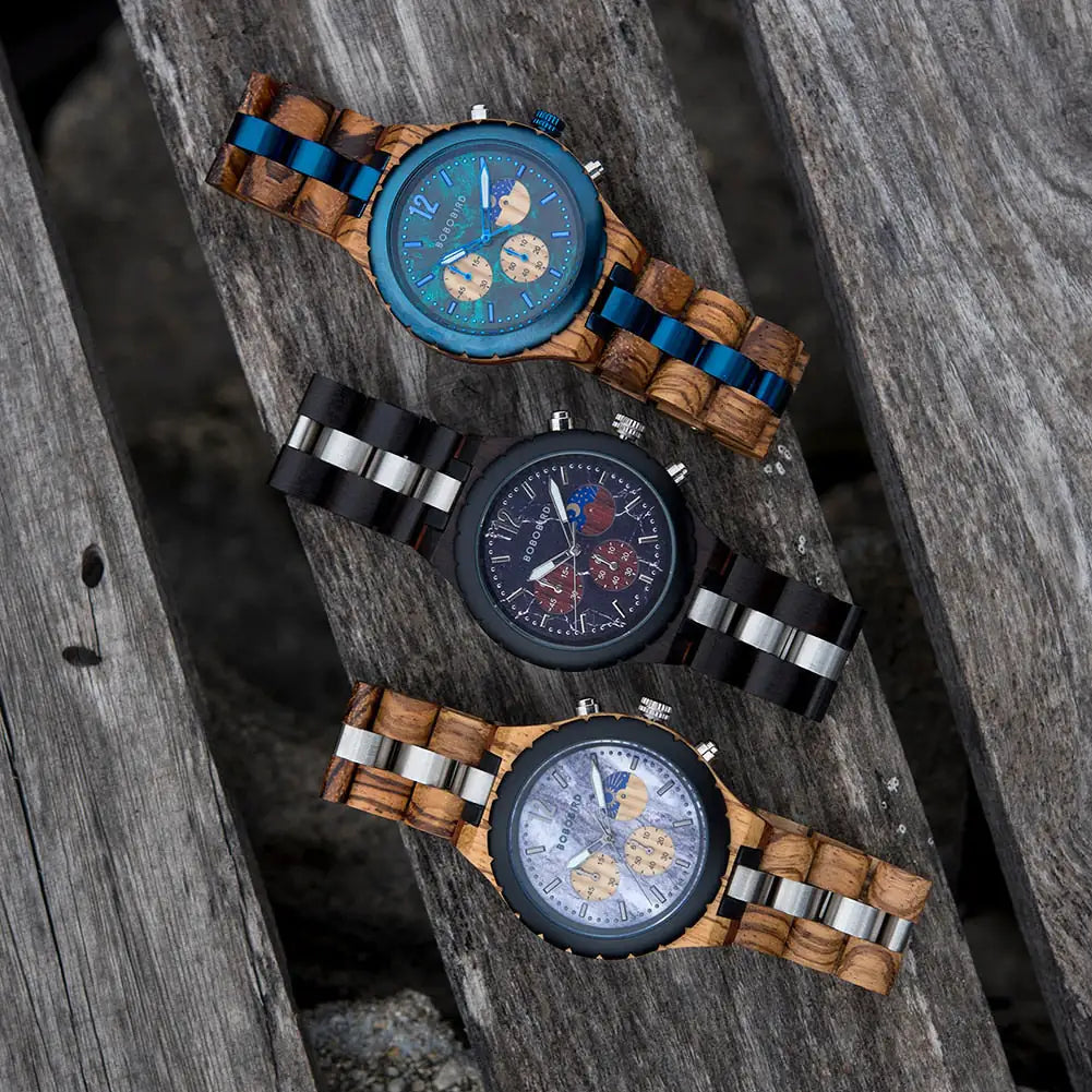 Luxury wooden chronograph watch for men by Lamp Post, featuring a polished wooden dial and stainless steel strap.