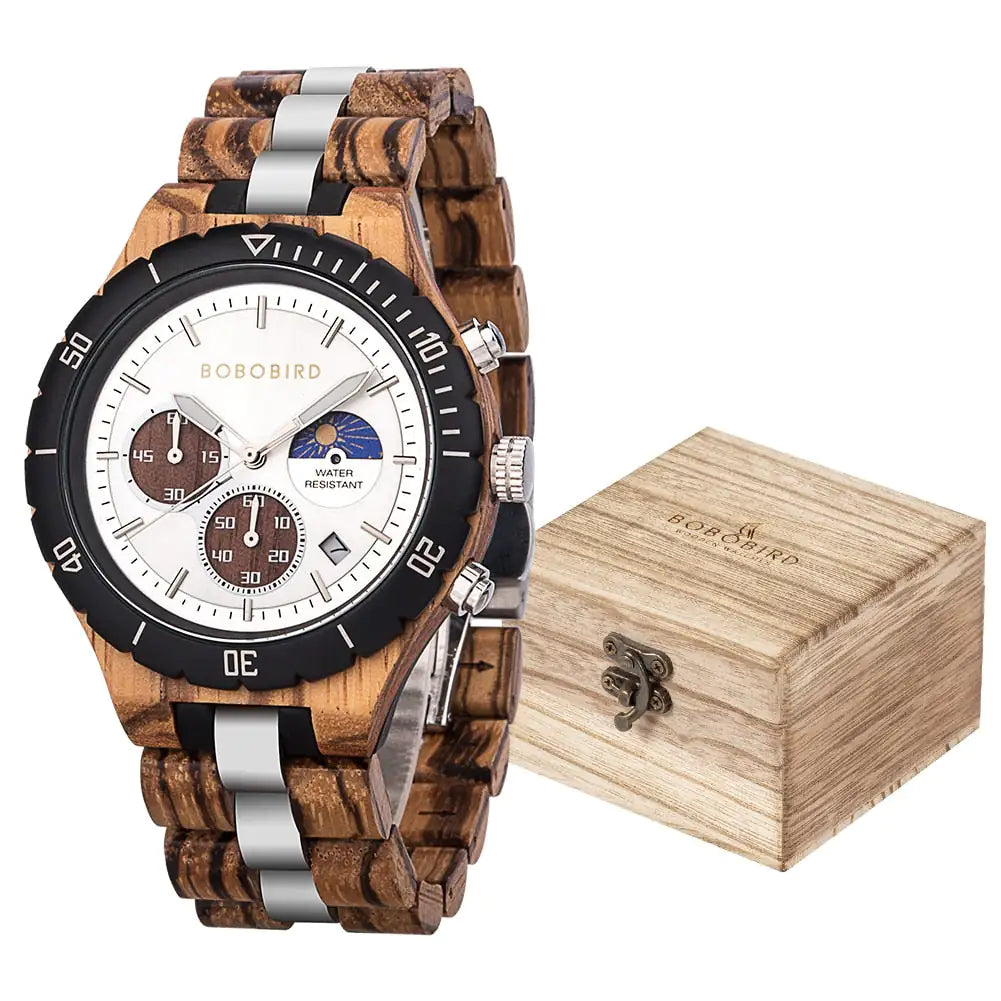 Luxury wooden chronograph watch for men by Lamp Post featuring a stylish wooden dial and metal strap.
