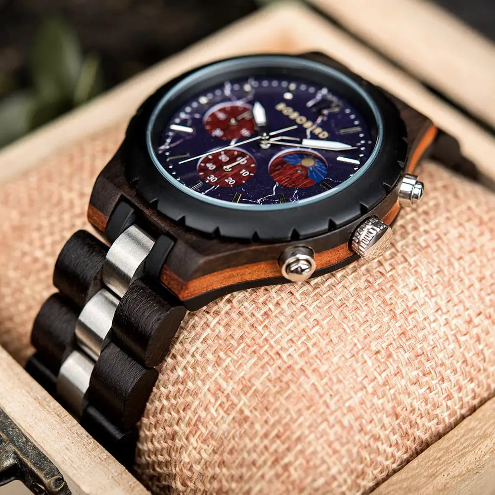 Luxury Wooden Chronograph Watch for Men by Lamp Post, featuring a stylish wooden design and detailed chronograph dial.