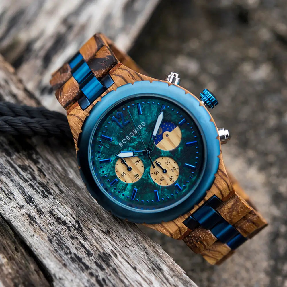 Luxury wooden chronograph watch for men by Lamp Post, featuring a stylish wooden case and detailed chronograph dial.