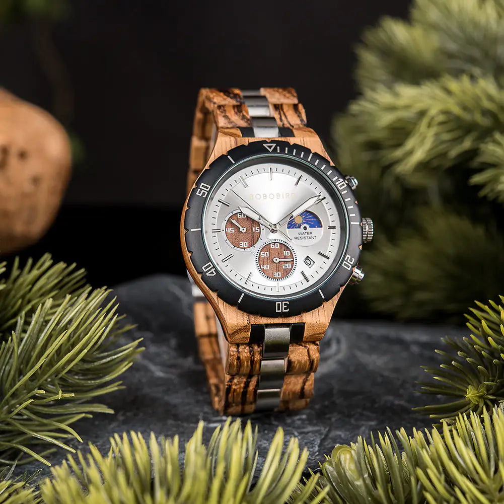 Luxury wooden chronograph watch for men by Lamp Post, featuring a stylish wooden case and detailed chronograph dial.