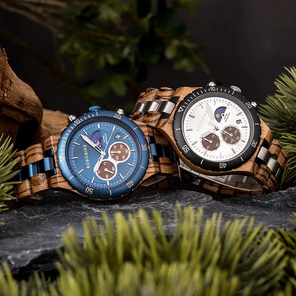 Luxury wooden chronograph men's watch by Lamp Post, featuring a sophisticated design with a wooden dial and stainless steel details.