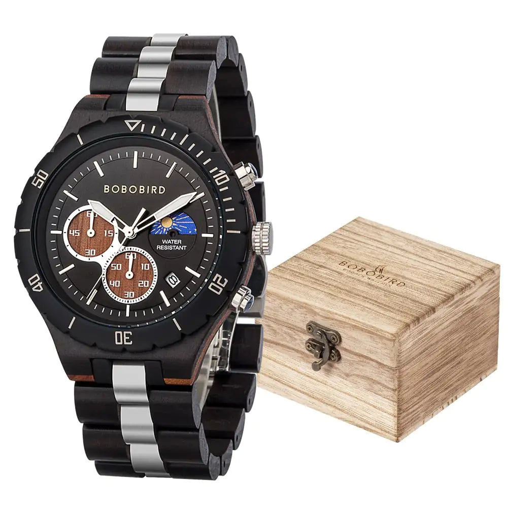 Luxury wooden chronograph watch for men by Lamp Post featuring a dark wood case and a detailed chronograph dial.