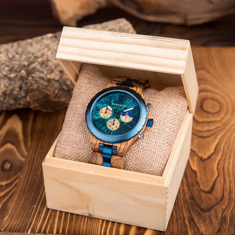 Luxury Wooden Chronograph Watch for Men by Lamp Post, featuring a stylish wooden case and chronograph dials.