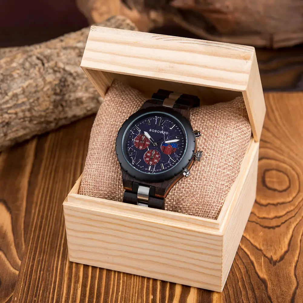 Luxury wooden chronograph watch for men by Lamp Post, featuring a sleek wood design and detailed dial.