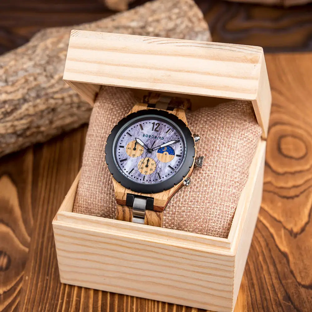 Luxury wooden chronograph watch for men by Lamp Post, featuring a stylish wooden case and chronograph dial.
