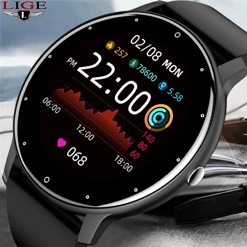 Pink Lamp Post smart watch for men with full touch screen, ideal for sports and fitness tracking.