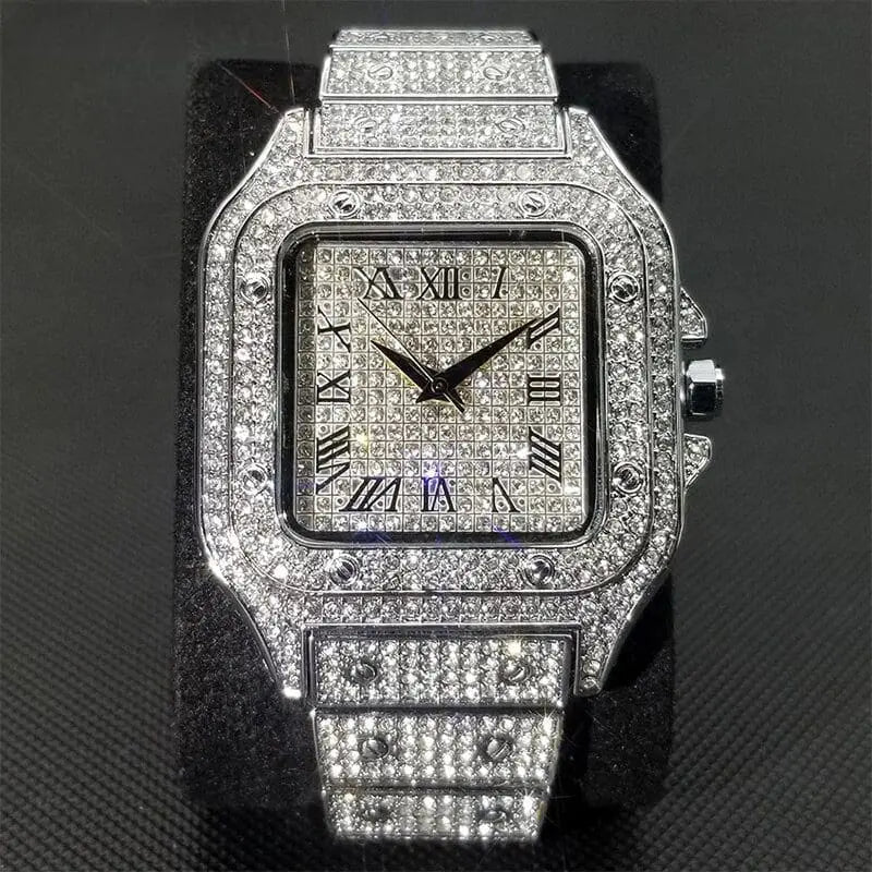 Rose gold Ice Out Square Watch for Men by Lamp Post, featuring a sleek rectangular design and stylish details.