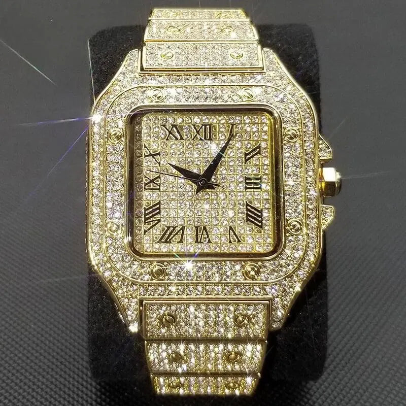 Lamp Post Ice Out Square Watch for Men in rose gold with a sleek design and 2.2cm case, stylish and modern men's wristwatch.