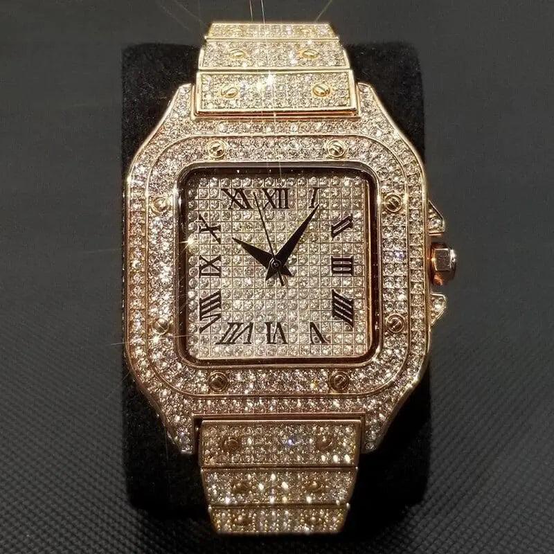Rose gold Ice Out Square Watch for Men by Lamp Post, featuring a sleek rectangular dial and stylish design.