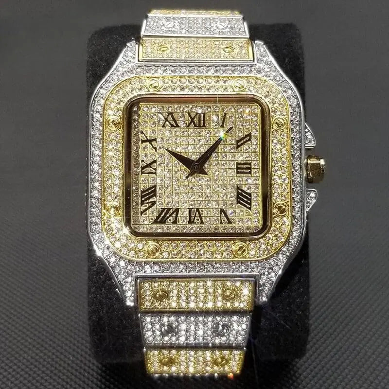 Lamp Post Ice Out Square Watch for Men in rose gold with a sleek 2.2cm case, stylish and modern men's wristwatch.