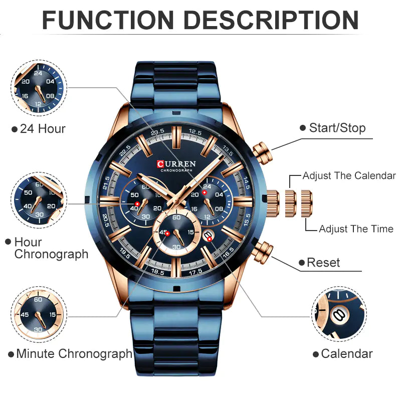 Lamp Post rose gold and blue quartz watch, crafted with precision, featuring a sleek design and clear dial for elegant timekeeping.