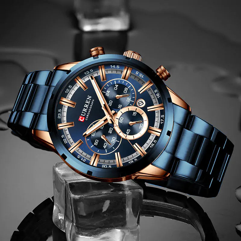 Lamp Post rose gold and blue quartz watch with a sleek design, crafted with precision, under $500.