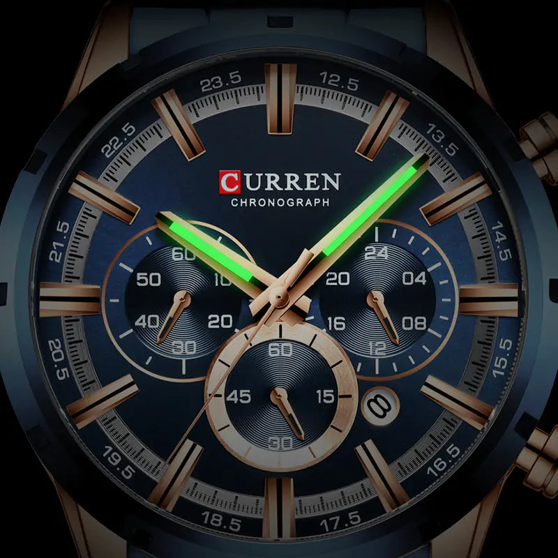Rose gold and blue quartz watch by Lamp Post, crafted with precision, featuring a sleek design and elegant watch face.