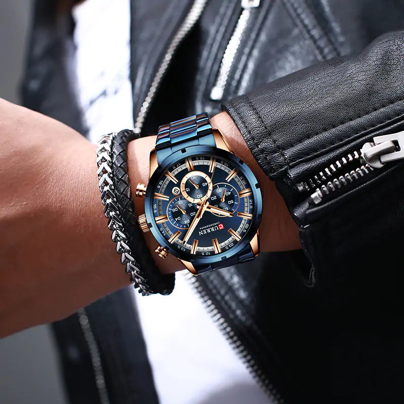 Lamp Post rose gold and blue quartz watch, crafted with precision, featuring a sleek design and reliable timekeeping under $500.