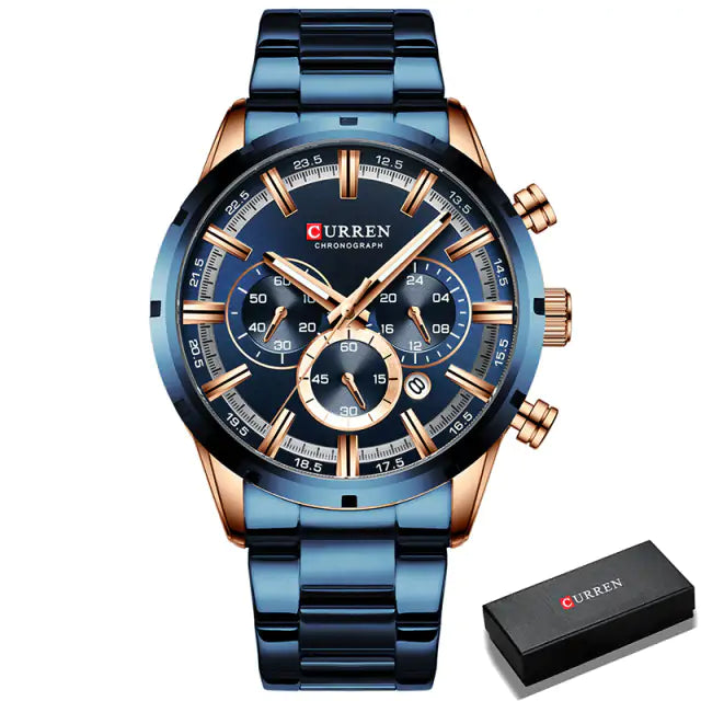 Rose gold and blue quartz watch by Lamp Post, crafted with precision, featuring a sleek design and detailed watch face.