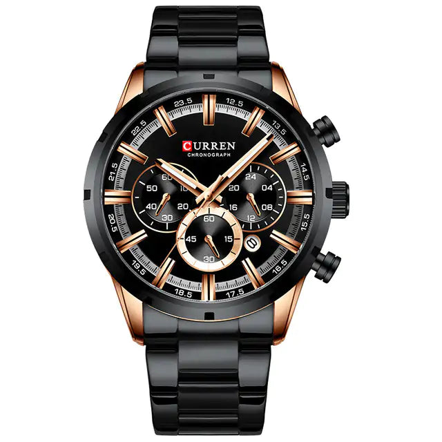 Lamp Post rose gold and blue quartz watch, crafted with precision, showcasing elegant design and detailed dial features.
