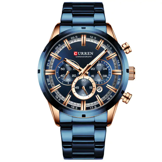 Lamp Post rose gold and blue quartz watch, crafted with precision, featuring a sleek design and clear dial for stylish timekeeping.