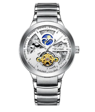 Rose gold automatic mechanical men's watch by Lamp Post with white dial and sleek design.