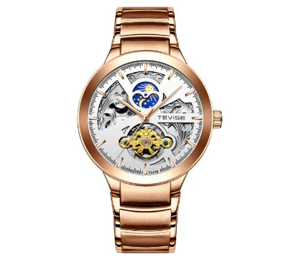 Rose gold automatic mechanical men's watch by Lamp Post with white dial and stainless steel strap.