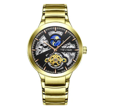 Rose gold automatic mechanical men's watch by Lamp Post with white dial and stainless steel strap.