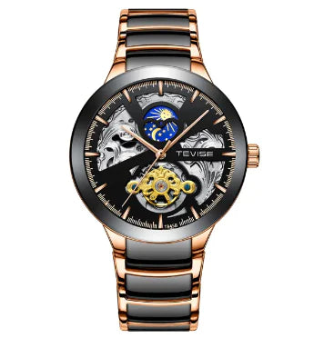 Rose gold automatic mechanical men's watch by Lamp Post, featuring a white dial and elegant design.