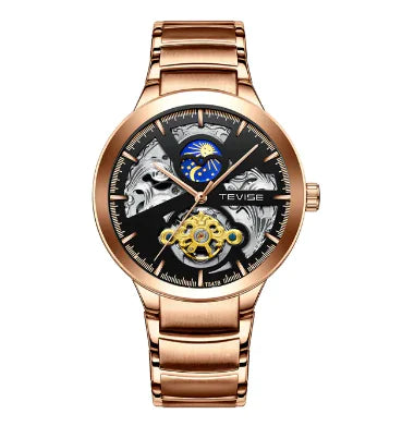 Rose gold automatic mechanical men's watch by Lamp Post with white dial and stainless steel band.