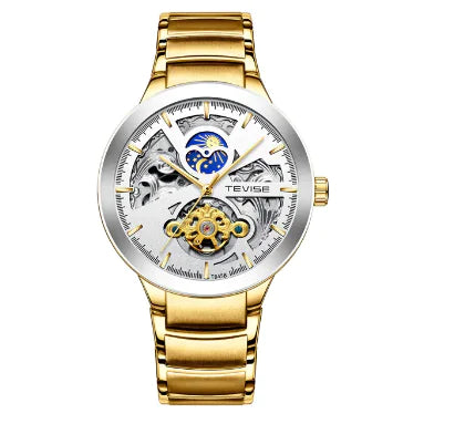 Rose gold automatic mechanical men's watch by Lamp Post with white dial and stainless steel strap.
