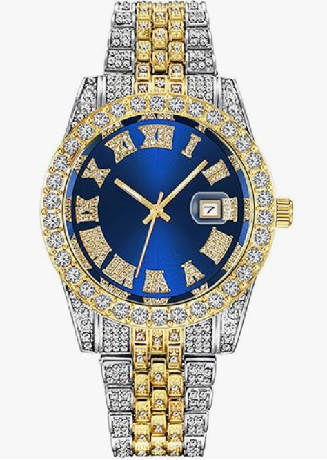 Silver and blue men's diamond quartz watch by Lamp Post featuring a luxury crystal analog design and iced-out details.