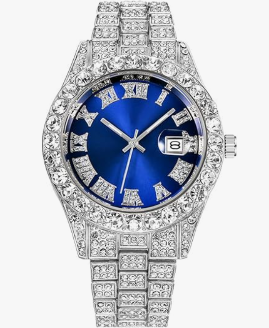 Silver and blue men's iced-out diamond quartz watch by Lamp Post featuring luxury crystal accents and an analog display.