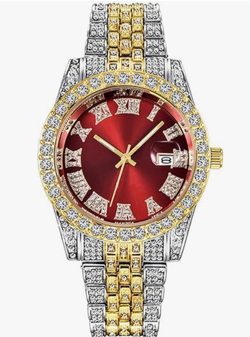 Silver men's Iced-Out diamond quartz watch by Lamp Post featuring luxury crystal accents and an elegant analog display.