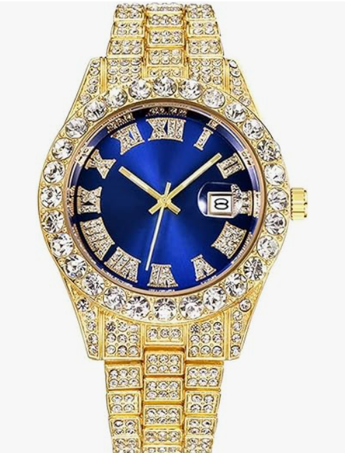 Silver men's Iced-Out Diamond Quartz Watch by Lamp Post with luxury crystal accents and an analog display.