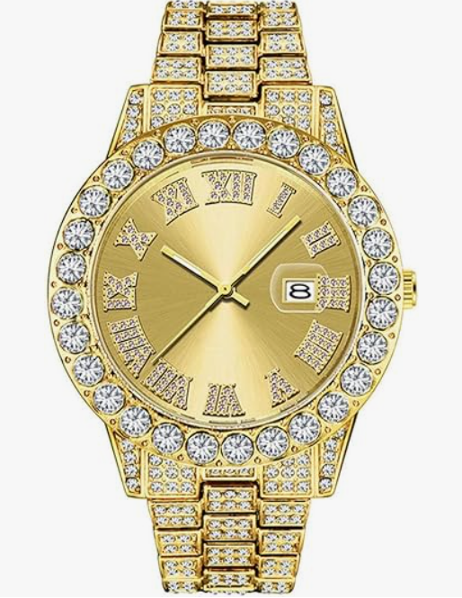 Lamp Post men's iced-out diamond quartz watch with silver and blue accents, luxury crystal dial, and analog display.