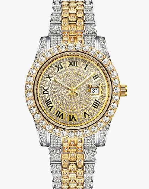 Silver and blue men's Iced-Out Diamond Quartz Watch by Lamp Post featuring a luxury crystal analog design.