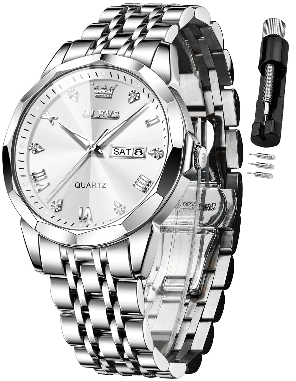 Silver men's wristwatch by Lamp Post featuring diamond accents, analog quartz movement, stainless steel strap, luminous dial, and waterproof design.
