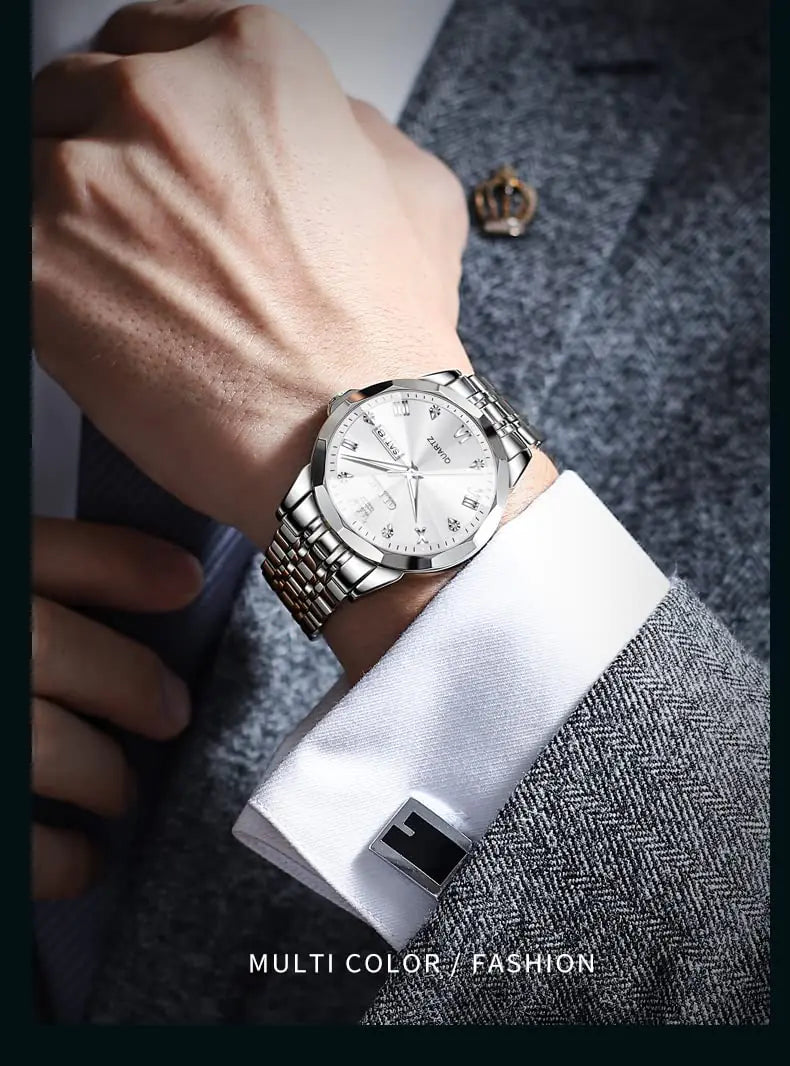 Silver men's wristwatch by Lamp Post featuring diamond accents, stainless steel band, analog quartz, waterproof, luminous dial, and date display.