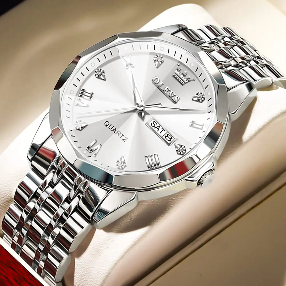 Silver men's luxury wristwatch with diamond accents, stainless steel band, luminous dial, waterproof, and date display by Lamp Post.
