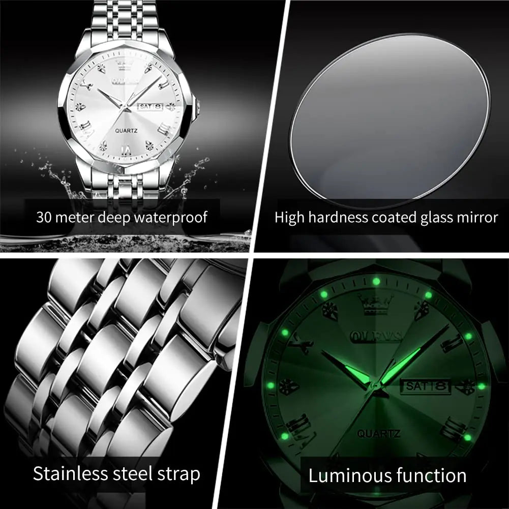 Silver men's luxury wristwatch by Lamp Post featuring diamond accents, analog quartz, stainless steel, luminous dial, and waterproof design.