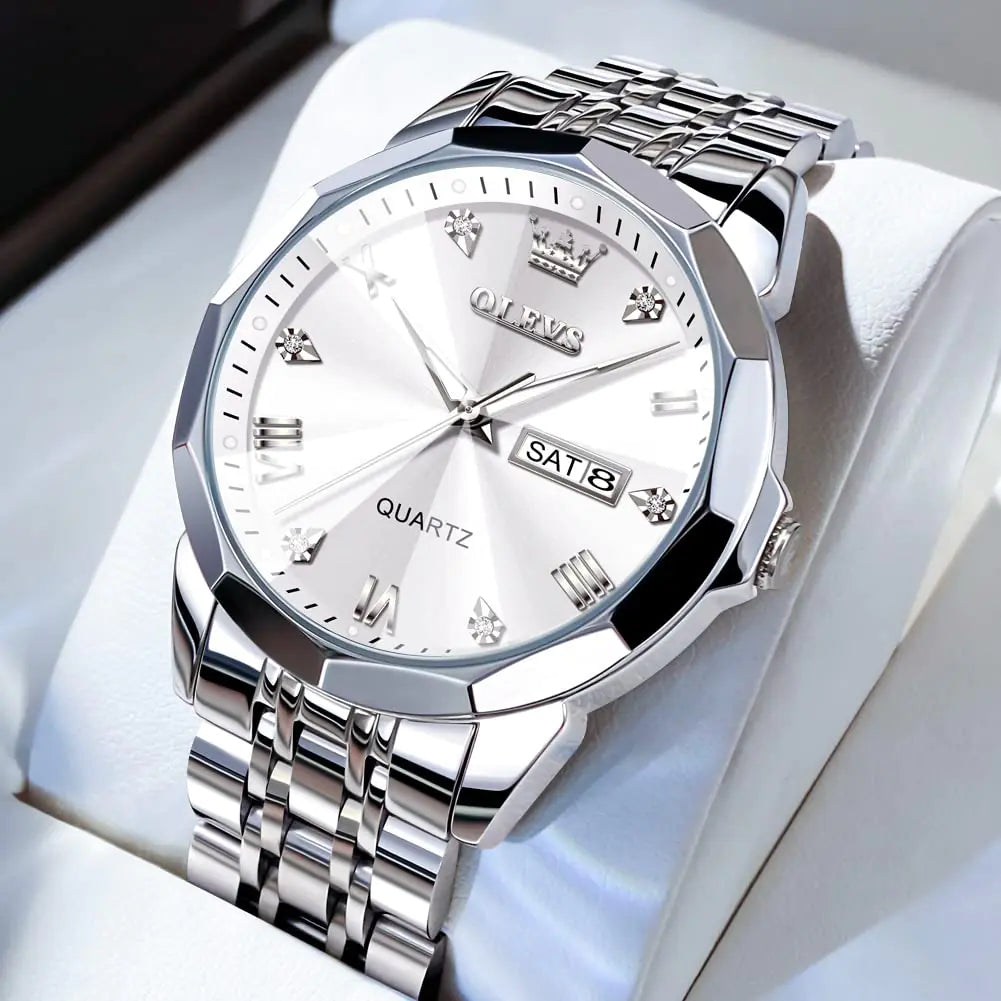 Silver men's luxury wristwatch by Lamp Post with diamond accents, stainless steel band, luminous dial, waterproof, and analog quartz movement.