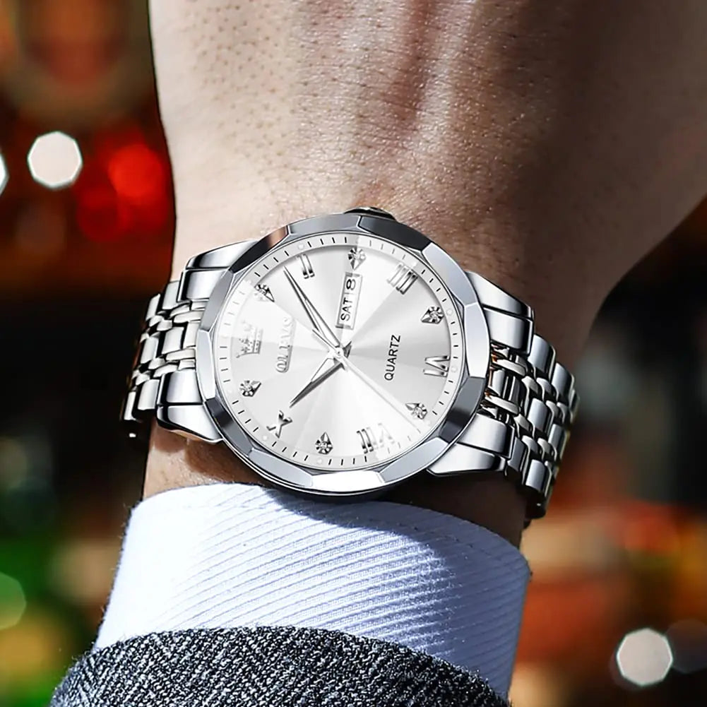 Silver men's luxury wrist watch by Lamp Post featuring diamond accents, analog quartz movement, stainless steel, luminous dial, and waterproof design.