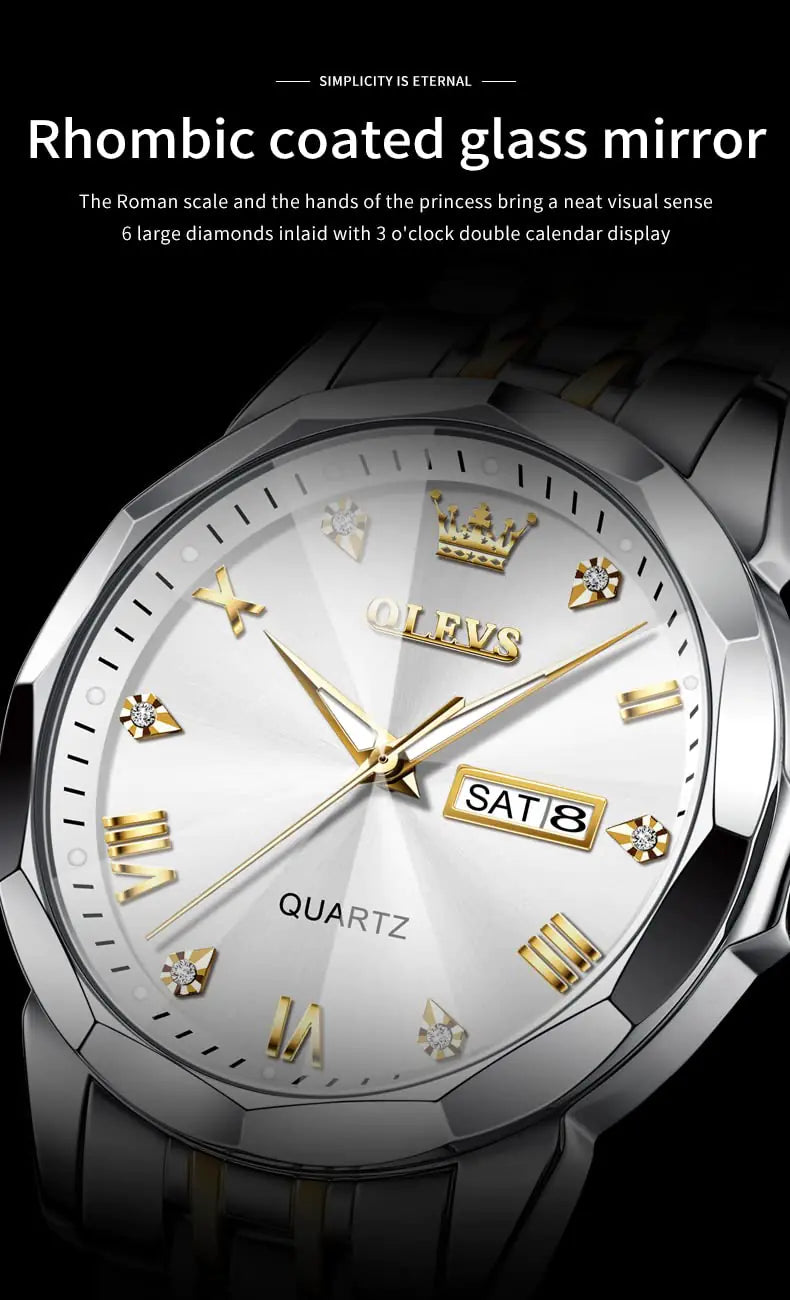 Silver men's watch by Lamp Post featuring diamond accents, stainless steel band, luminous dial, waterproof, and two-tone luxury design.